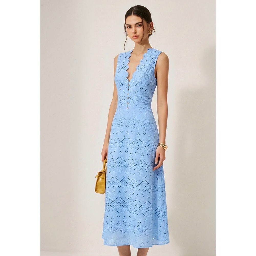 Commense Yellow Eyelet Scalloped V-Neck Midi Dress XL NWT Cotton OA260108051